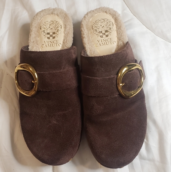 Vince Camuto Canzenee Sherpa Women  7.5 Brown Suede Wooden Wedge Heel Clog Shoes - Picture 5 of 16